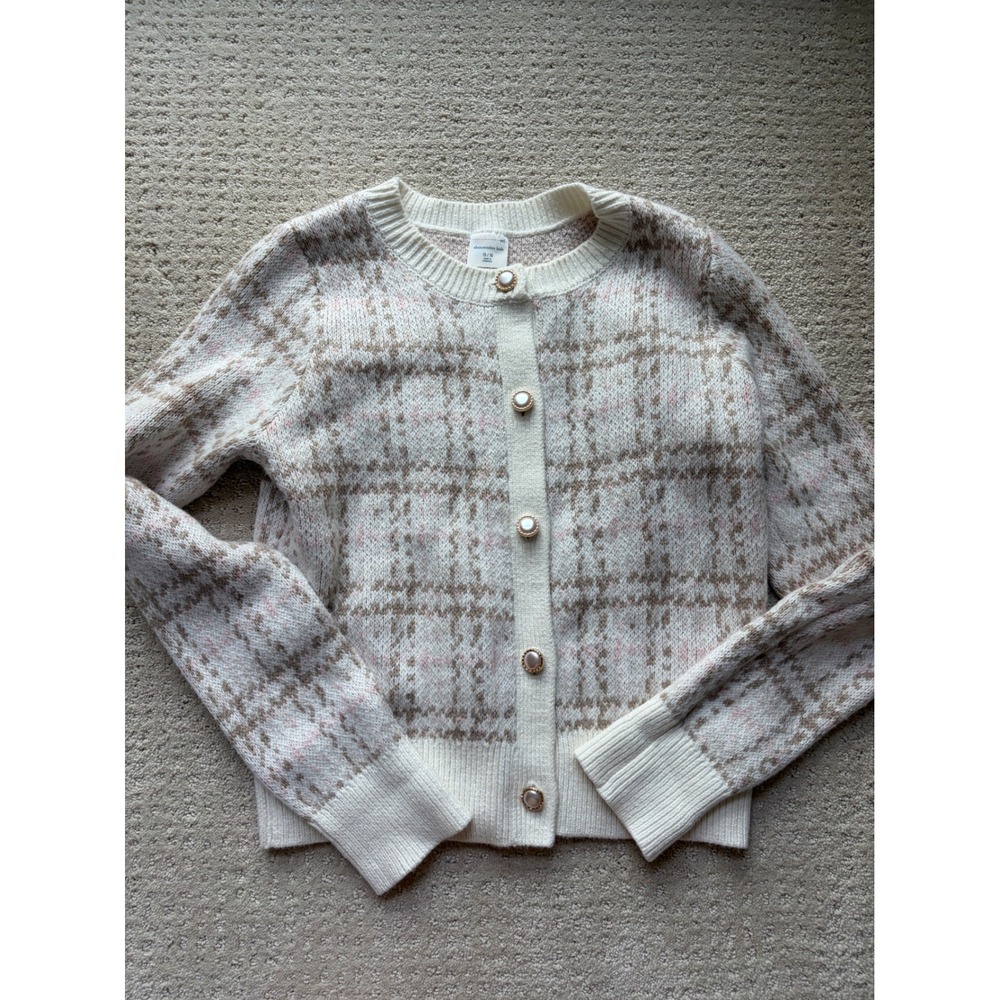 Abercrombie Kids Cardigan 15/16 Cream Plaid Pearl Button Preppy Schoolcore Retro